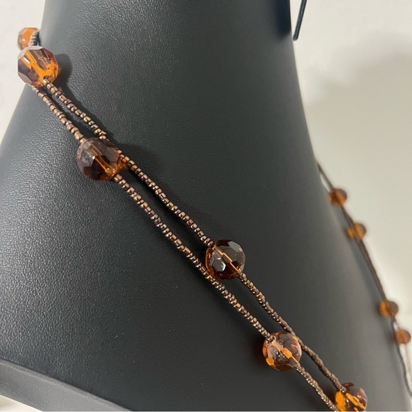 Amber Brown Glass Faceted Bead Long Necklace Bronze Seed Beaded Boho Layered - Picture 4 of 8